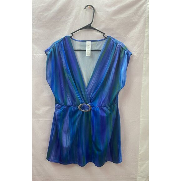 Women's Size LG Blue & Green Cap Sleeve V-Neck Pull-over Blouse w Buckle Accent - Picture 1 of 9